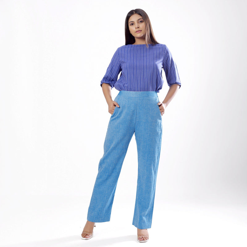 Front View of a Model wearing Handspun Sky Blue Elasticated Straight Pant