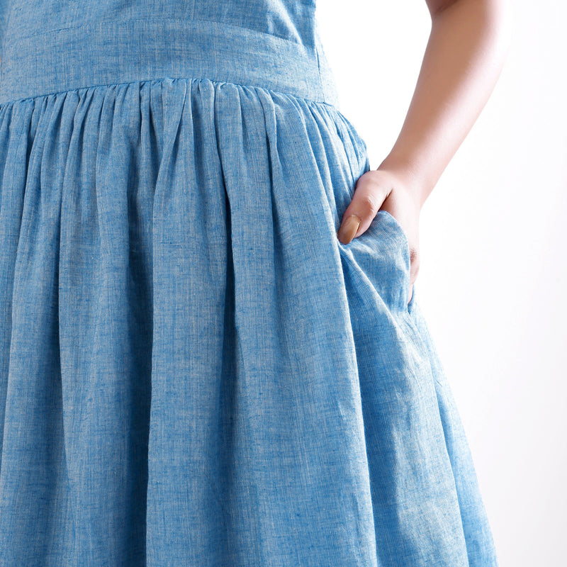 Front Detail of a Model wearing Handspun Sky Blue Fit and Flare Strappy Dress