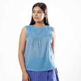 Front View of a Model wearing Handspun Sky Blue Yoked Top