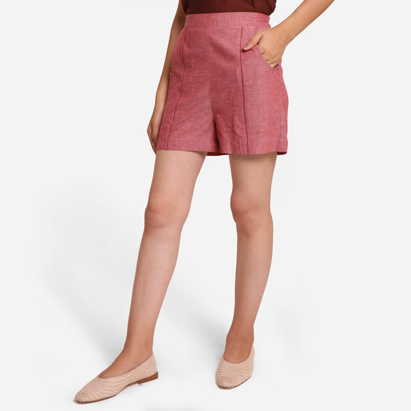 Left View of a Model wearing Handspun Solid Red Casual Cotton Shorts