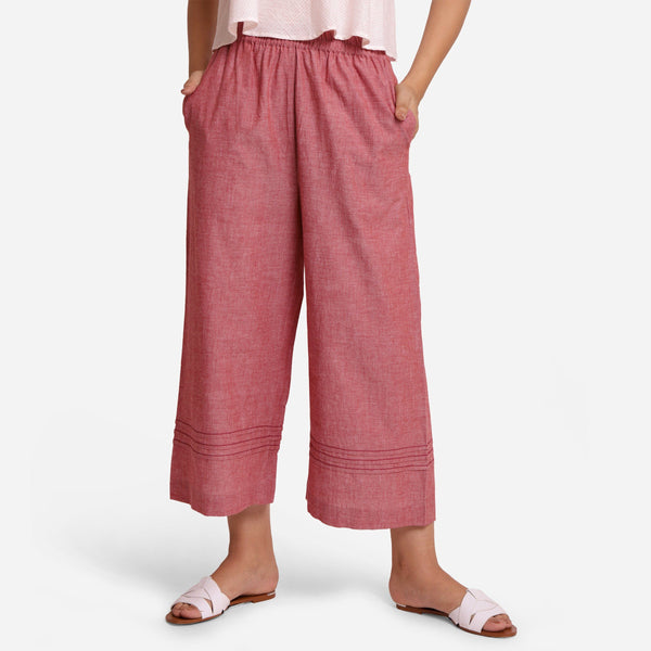 Front View of a Model wearing Handspun Solid Red Comfy Cotton Flared Pant