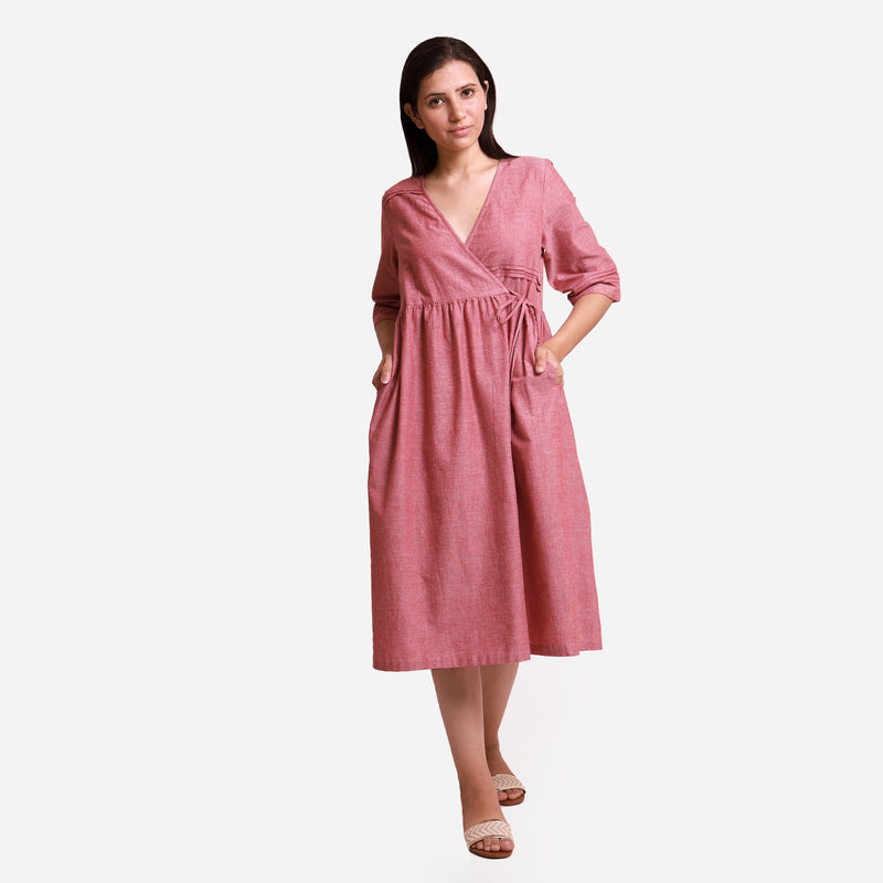 Front View of a Model wearing Handspun Solid Red Tie-Up Cotton Wrap Dress