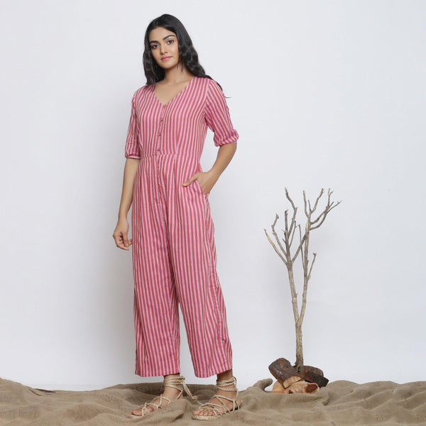 Right View of a Model wearing Handspun Striped V-Neck Jumpsuit