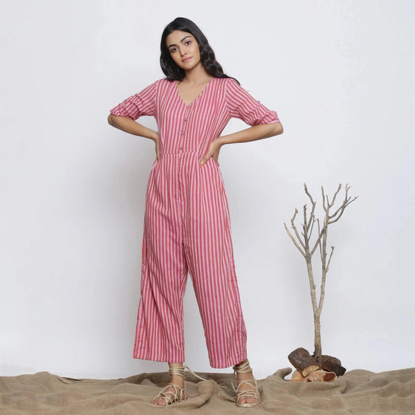 Full View of a Model wearing Handspun Striped V-Neck Jumpsuit