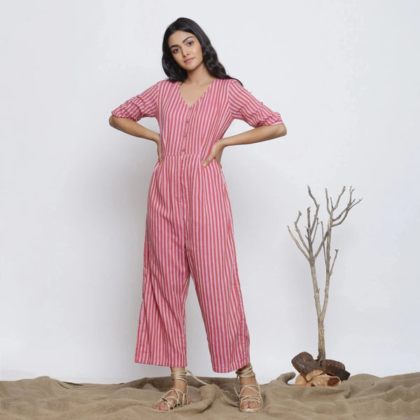 Front View of a Model wearing Handspun Striped V-Neck Jumpsuit