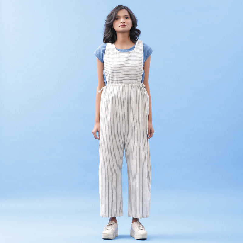 Front View of a Model wearing Handspun Vegetable Yarn Dyed Pinafore Jumpsuit