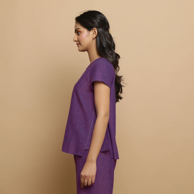 Left View of a Model wearing Handspun Violet Cotton Straight Top