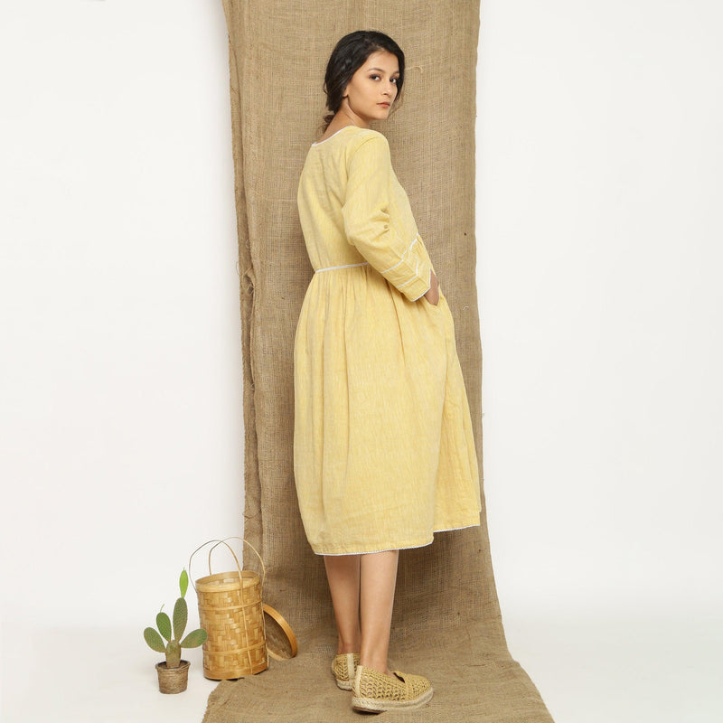 Yellow Handspun Cotton Lace Midi Yoked Dress