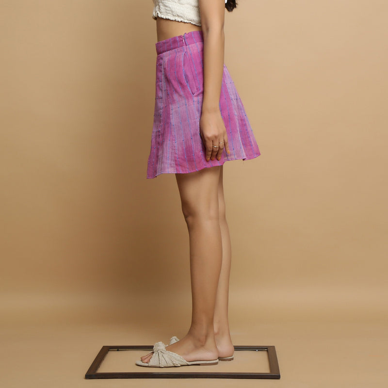 Left View of a Model wearing Handwoven Godet Striped A-Line Skirt