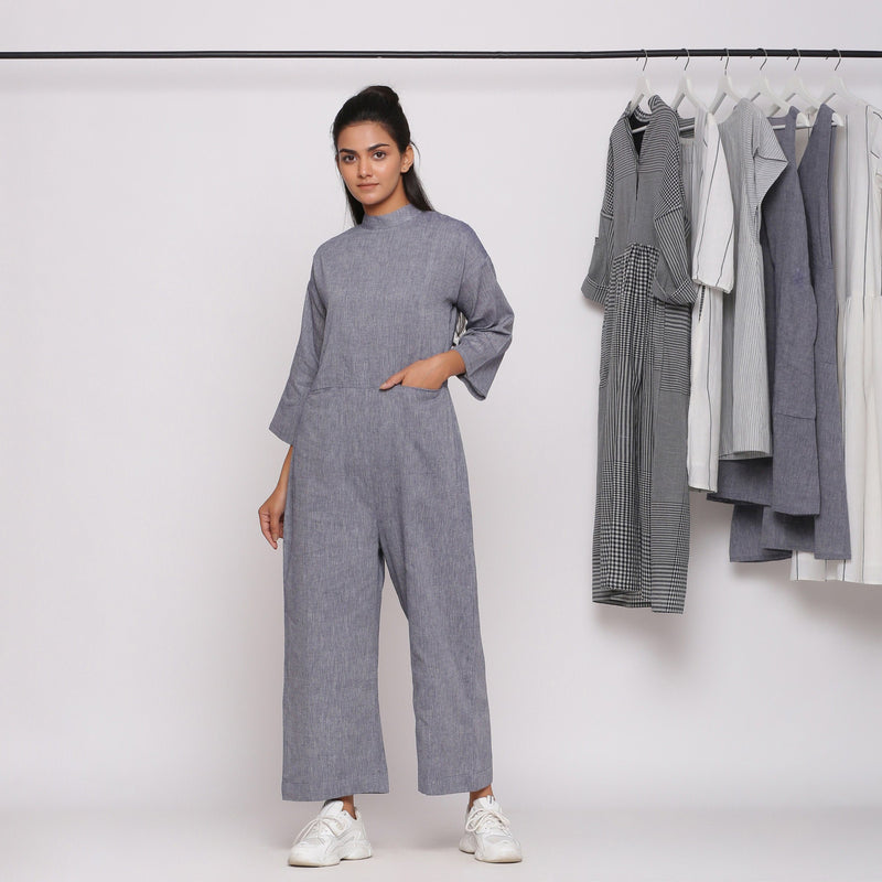 Front View of a Model wearing Handspun Charcoal Grey Straight Jumpsuit