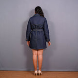 Back View of a Model wearing Indigo 100% Cotton Denim Double-Breasted Trench Coat
