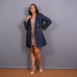 Front View of a Model wearing Indigo 100% Cotton Denim Double-Breasted Trench Coat