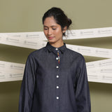 Front Detail of a Model wearing Indigo Cotton Denim Flat Collar Button Down Shirt