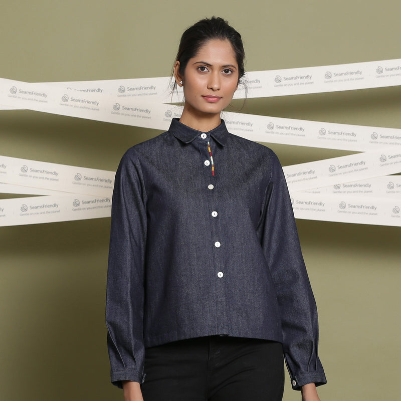 Front View of a Model wearing Indigo Cotton Denim Flat Collar Button Down Shirt