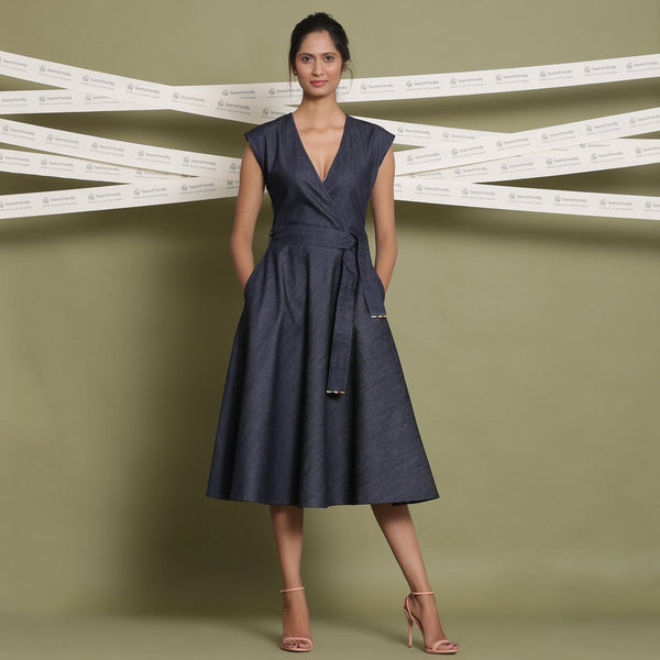 Buy Indigo Cotton Denim V-Neck Fit and Flare Midi Dress Online at