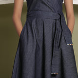 Front Detail of a Model wearing Indigo Cotton Denim V-Neck Fit and Flare Midi Dress