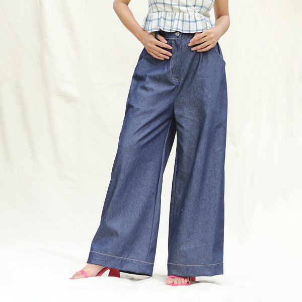 Buy Indigo Cotton Denim High-Rise Elasticated Wide Legged Pant Online at  SeamsFriendly