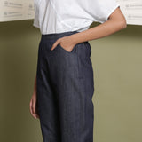 Front Detail of a Model wearing Indigo Cotton Denim Elasticated Mid-Rise Jogger Pant