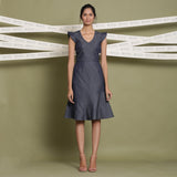 Front View of a Model wearing Indigo Cotton Denim Paneled A-Line Skirt