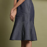 Close View of a Model wearing Indigo Cotton Denim Paneled A-Line Skirt