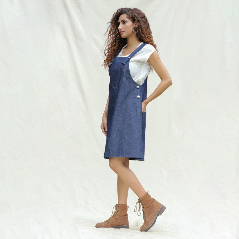 Buy Indigo Cotton Denim Pinafore Knee Length Dress Online at SeamsFriendly