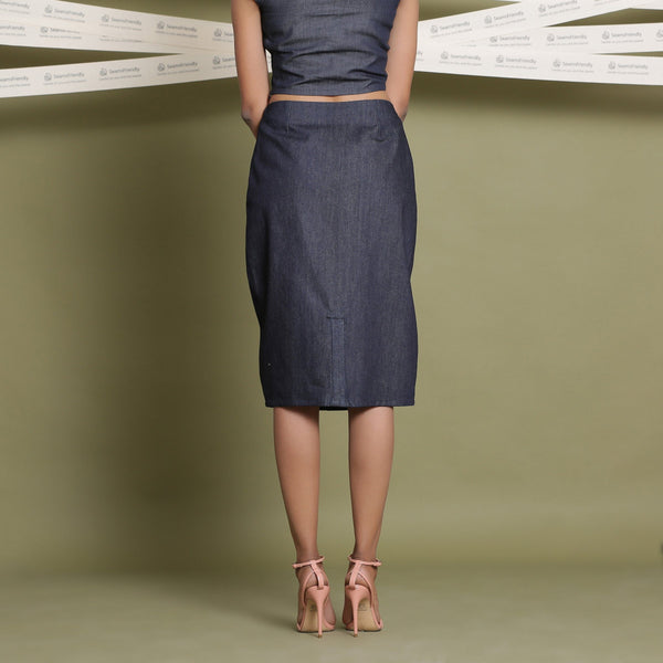 Back View of a Model wearing Indigo Cotton Denim Slit Pencil Skirt