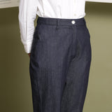 Front Detail of a Model wearing Indigo Cotton Denim Tapered Pant