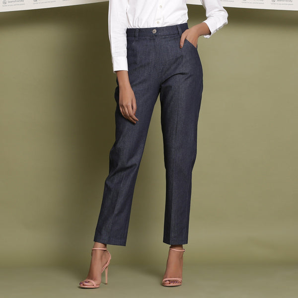 Front View of a Model wearing Indigo Cotton Denim Tapered Pant