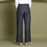 Back View of a Model wearing Indigo Cotton Denim Wide Legged Jeans