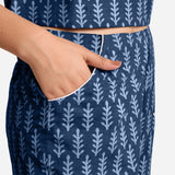 Right Detail of a Model wearing Indigo Dabu Block Print Grey Mid-Rise Culottes