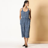 Front View of a Model wearing Indigo Block Print Button-Down Cotton Midi Jumpsuit