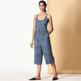 Front View of a Model wearing Indigo Block Print Button-Down Cotton Midi Jumpsuit
