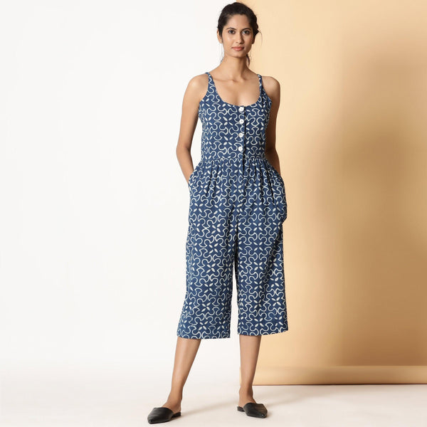 Front View of a Model wearing Indigo Dabu Block Printed Button-Down Jumpsuit