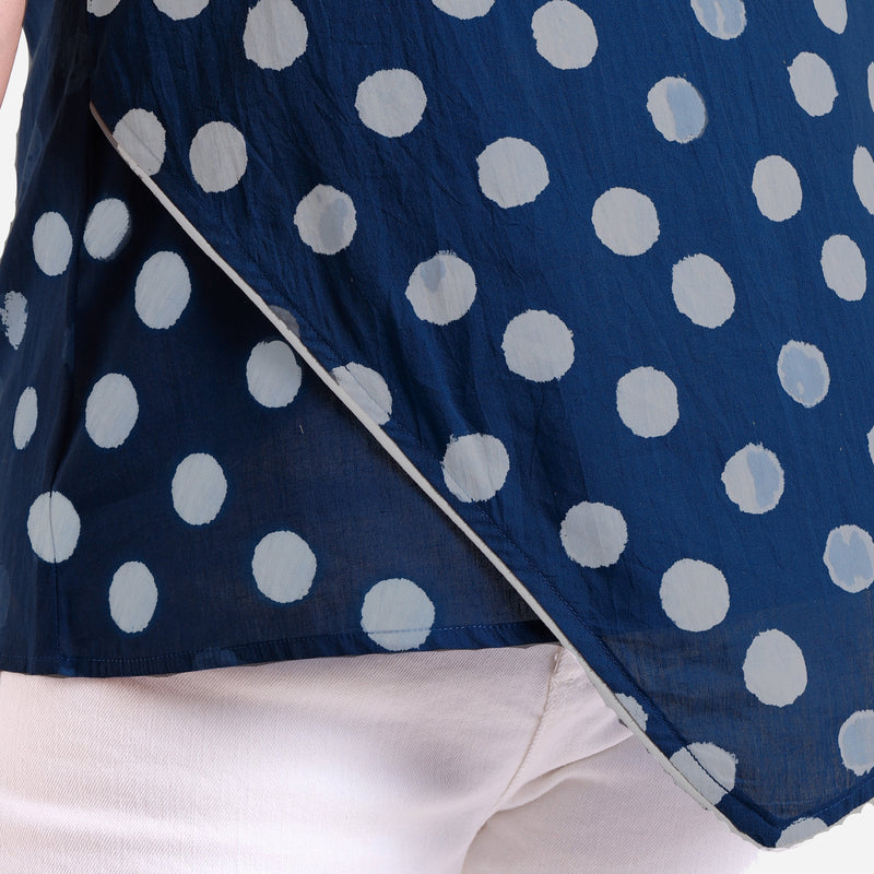 Close View of a Model wearing Indigo Polka Dot Block Printed Asymmetrical Cotton Top