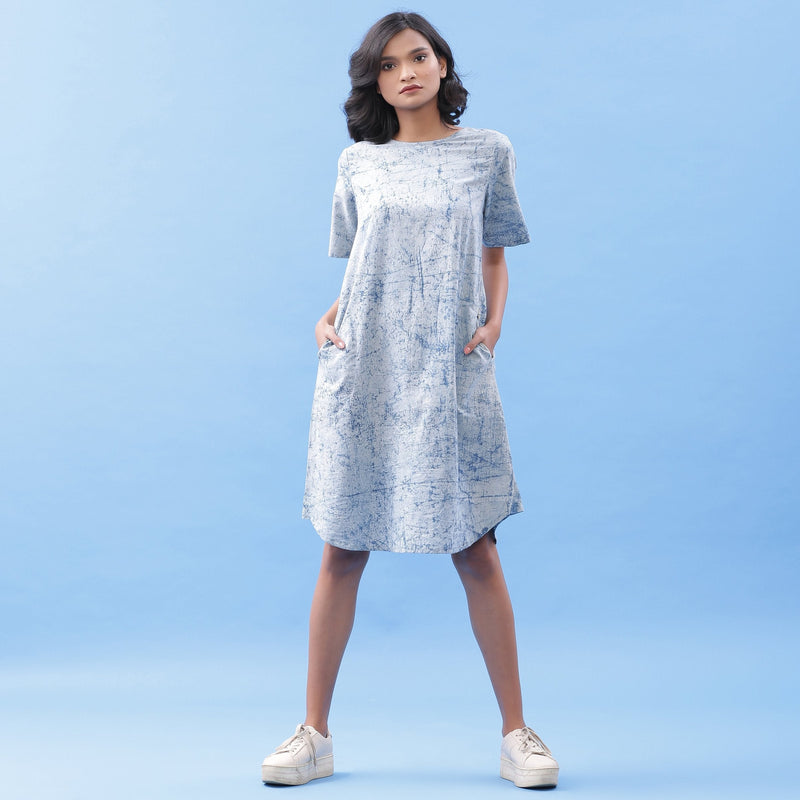 Front View of a Model wearing Indigo Dabu Print Cotton A-Line Dress
