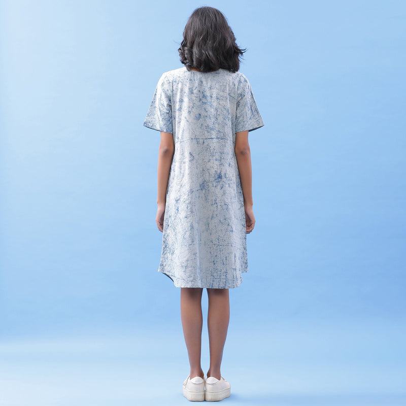 Back View of a Model wearing Indigo Dabu Print Cotton A-Line Dress
