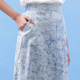 Front Detail of a Model wearing Indigo Dabu Printed Cotton Elasticated A-Line Maxi Skirt