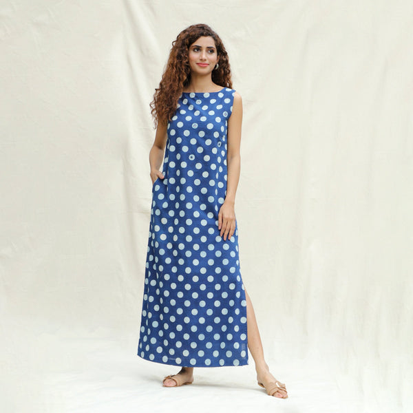 Front View of a Model wearing Indigo Polka Dot Block Printed Cotton Sleeveless Ankle Length Shift Dress