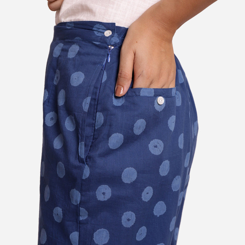 Left Detail of a Model wearing Indigo Polka Dot Block Print Straight Pant