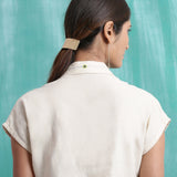 Back Detail of a Model wearing Ivory Handspun Relaxed Mirror Work Shirt