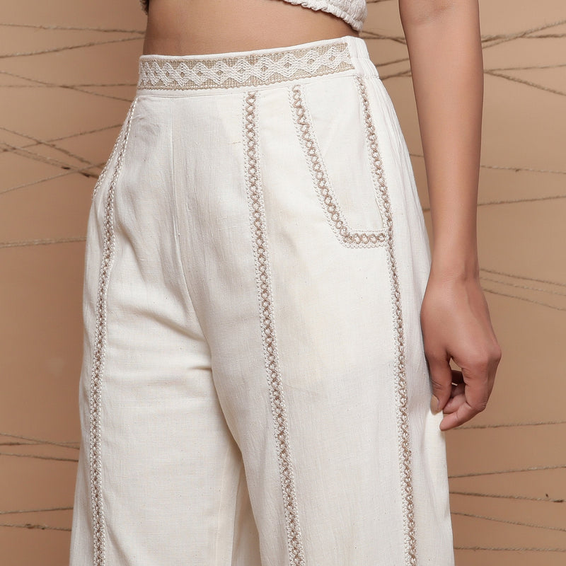 Front Detail of a Model wearing Ecru Jute Laced Cotton Muslin Mid-Rise Elasticated Pant