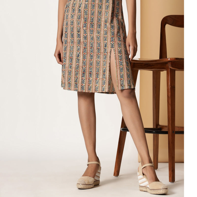 Front Detail of a Model wearing Kalamkari Block Printed Cotton Knee Length Slit Dress