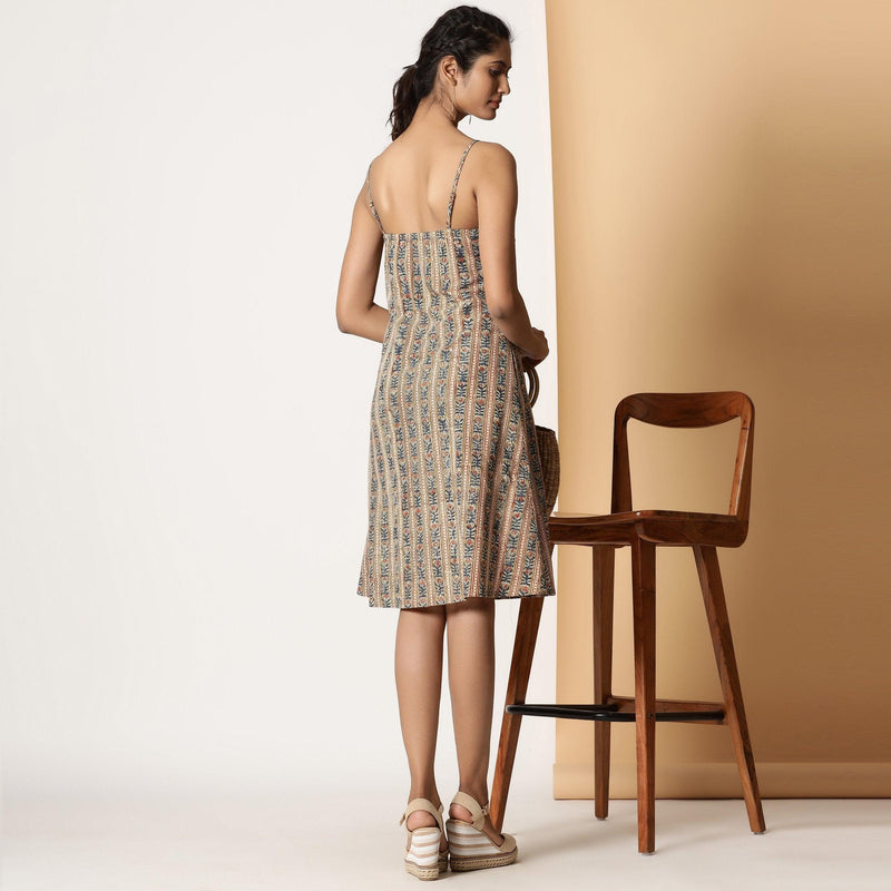 Back View of a Model wearing Kalamkari Block Printed Striped Slit Dress