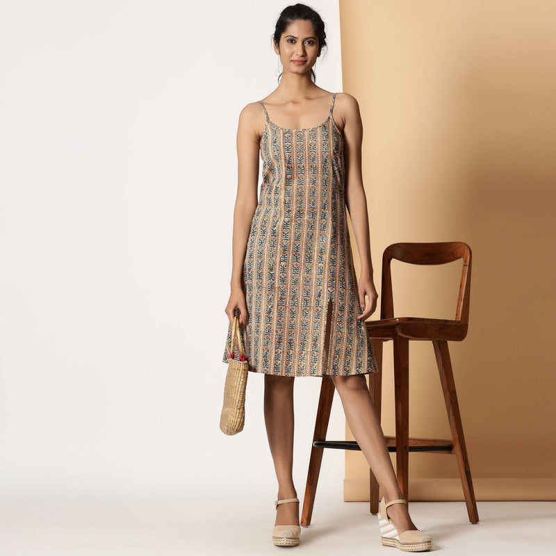 Front View of a Model wearing Kalamkari Block Printed Cotton Knee Length Slit Dress