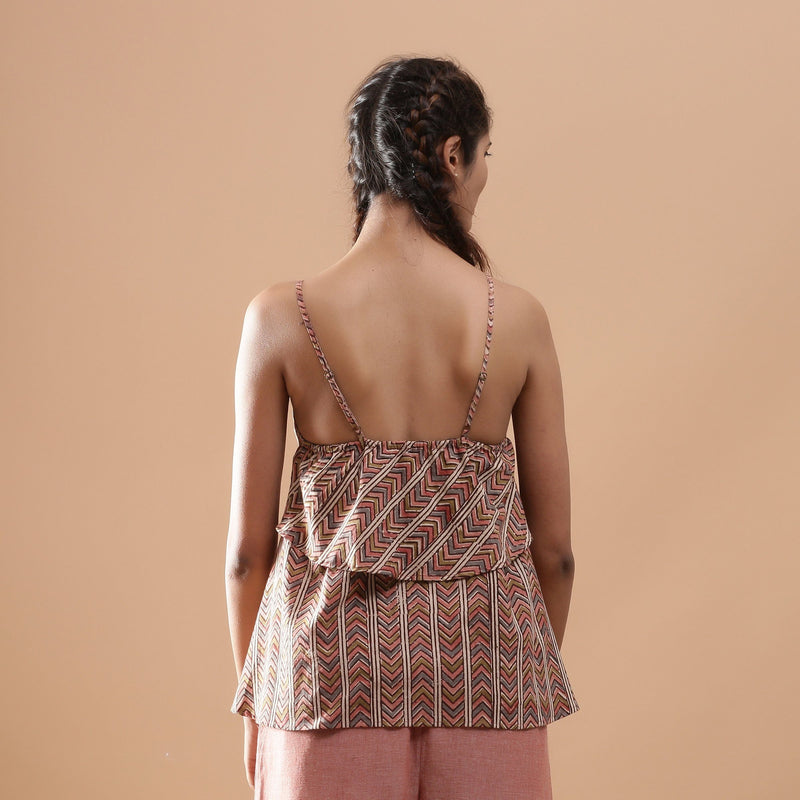 Back View of a Model wearing Kalamkari Strappy Tiered Camisole Top