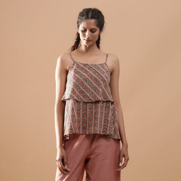 Front View of a Model wearing Kalamkari Strappy Tiered Camisole Top
