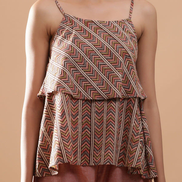 Front Detail of a Model wearing Kalamkari Strappy Tiered Camisole Top