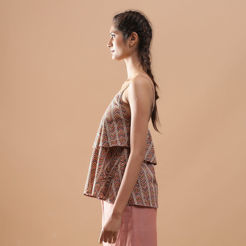 Left View of a Model wearing Kalamkari Strappy Tiered Camisole Top