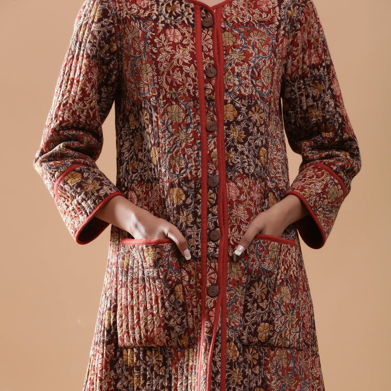 Front Detail of a Model wearing Reversible Quilted Kalamkari Jacket