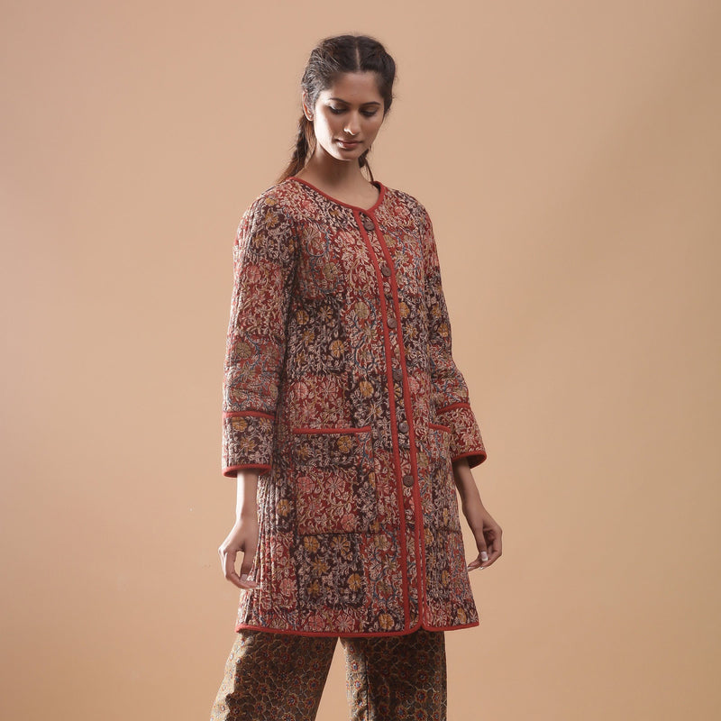 Right View of a Model wearing Reversible Quilted Kalamkari Jacket